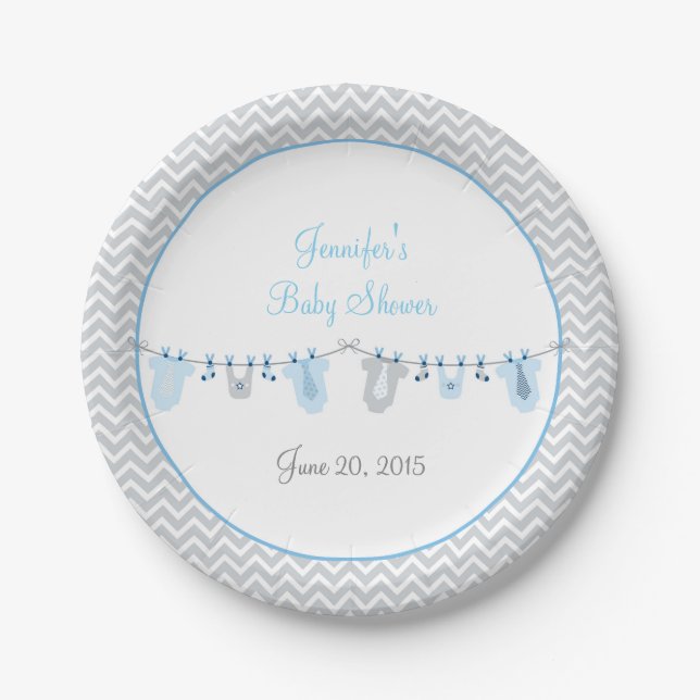 Baby Boy Clothesline Baby Shower Paper Plates (Front)