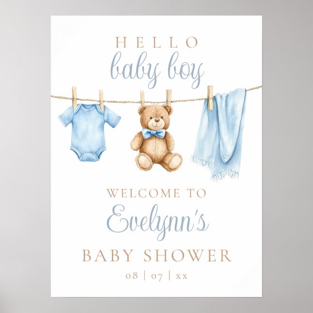 Baby Boy Clothesline Baby Shower Welcome Sign (Front)
