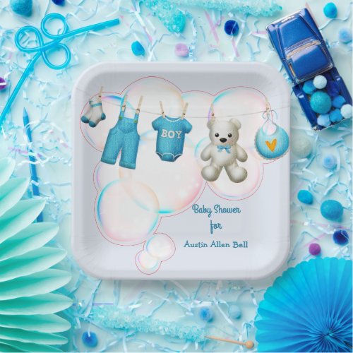 Baby Boy Clothesline In Blue Paper Plates