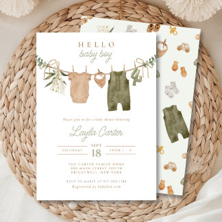 Baby Boy Clothesline Neutral Sage Boho Baby Shower Invitation