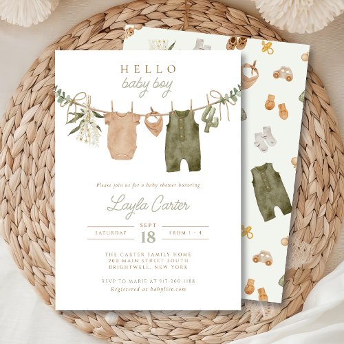 Baby Boy Clothesline Neutral Sage Boho Baby Shower Invitation