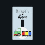 Baby Boy Colorful Locomotive Train & Name Nursery Light Switch Cover<br><div class="desc">This cute design is a part of a collection featuring cute transport doodles for baby boy's and girl's apparel and accessories. The design features a colorful locomotive train in bright, primary colors on pastel blue, and can be personalized with your baby boy's name. Perfect for little boy's rooms or your...</div>