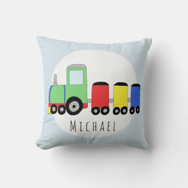 Baby Boy Colorful Locomotive Train Name Nursery Throw Pillow (Front)