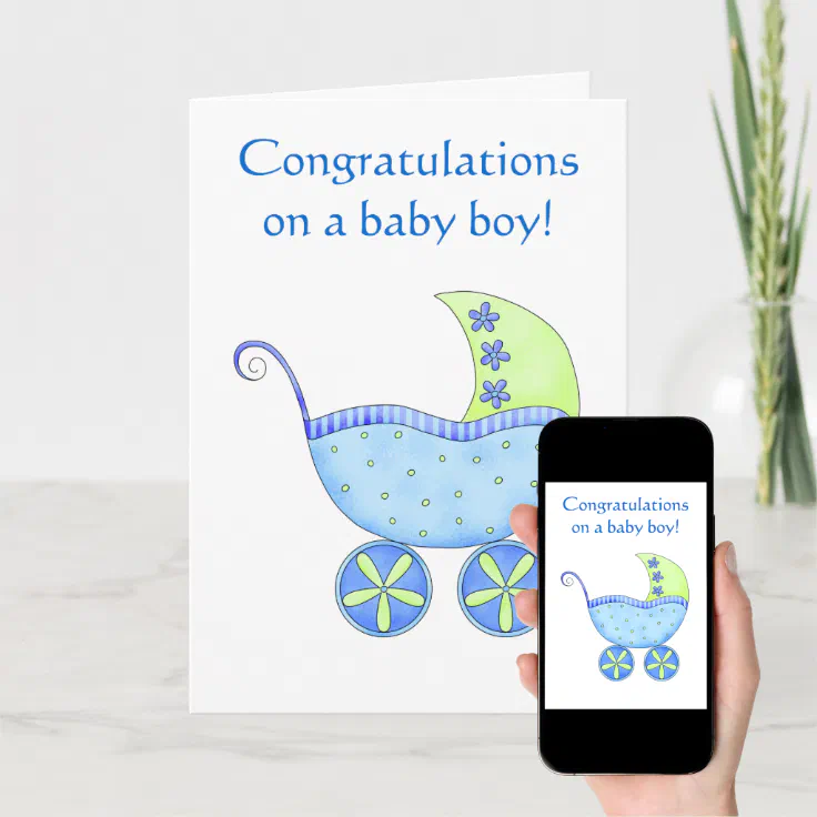 Baby Boy Congratulations Buggy Carriage Blue Card | Zazzle