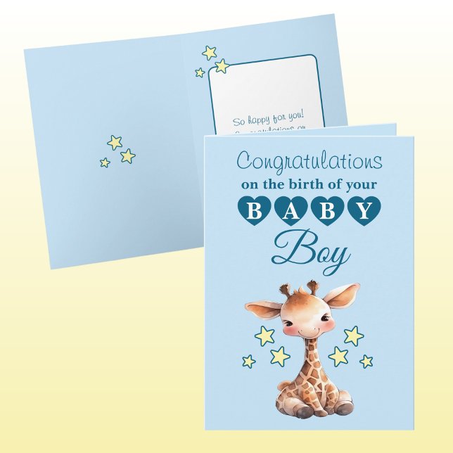 Baby boy congratulations giraffe blue card (Creator Uploaded)