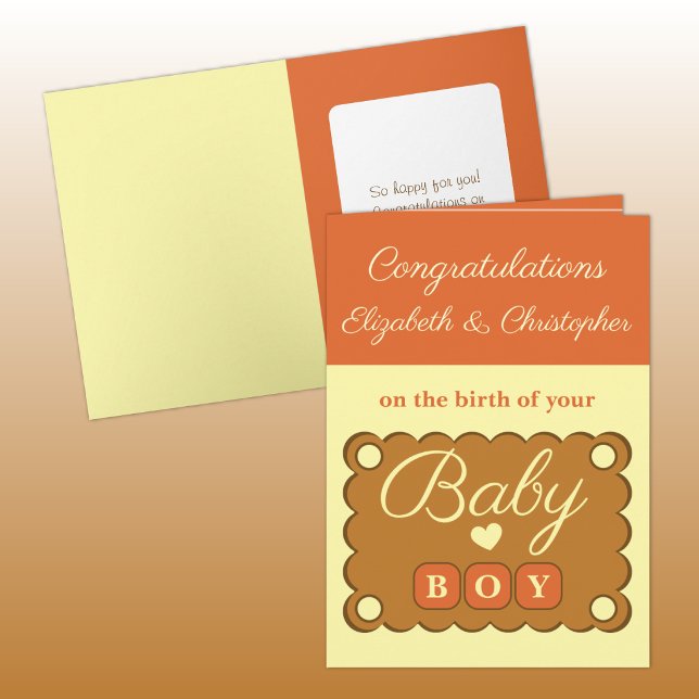 Baby boy congratulations orange yellow card (Creator Uploaded)