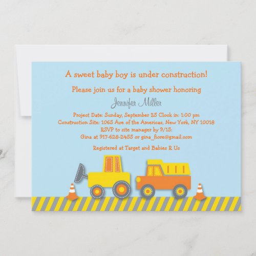 Baby Boy Construction Truck Baby Shower Invitation