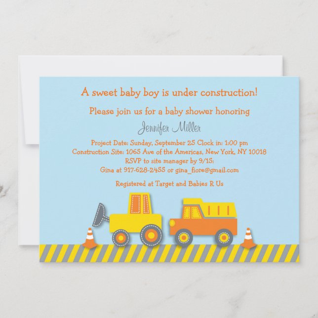 Baby Boy Construction Truck Baby Shower Invitation (Front)