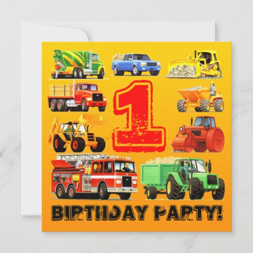 Baby Boy Construction Trucks 1st Birthday Party Invitation