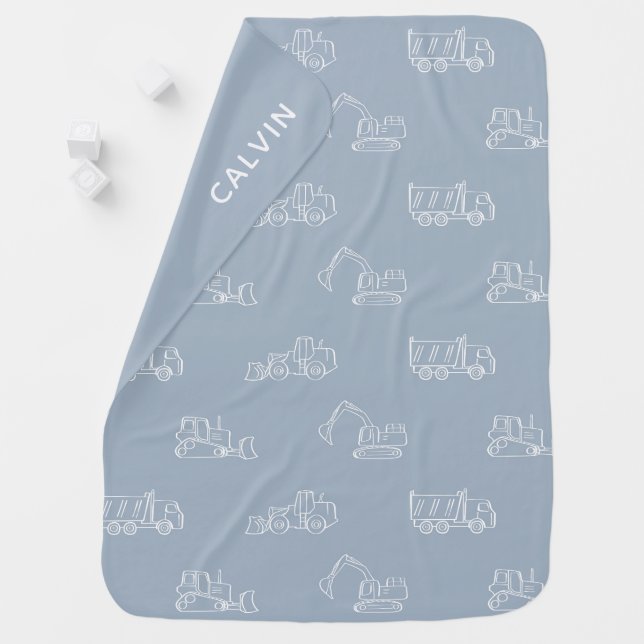 Baby Boy Construction Vehicle Light Blue Name Blanket (In Situ)