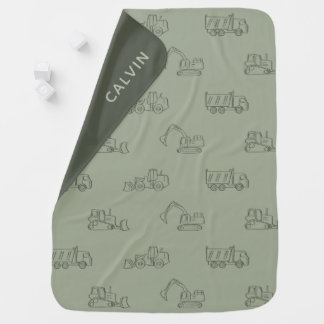 Baby Boy Construction Vehicle Sage Green Boho Name Blanket