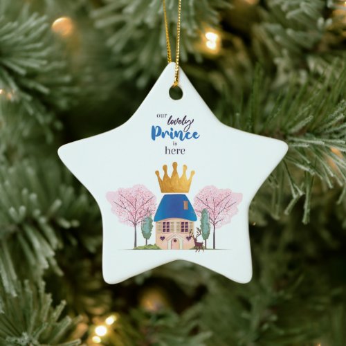Baby Boy Crowned Blue Gold Fairy Prince Castle Ceramic Ornament