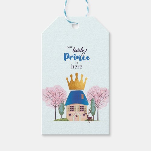 Baby Boy Crowned Blue Gold Fairy Prince Castle Gift Tags