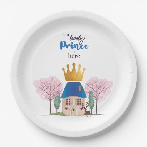Baby Boy Crowned Blue Gold Fairy Prince Castle Paper Plates