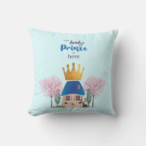 Baby Boy Crowned Blue Gold Fairy Prince Castle Throw Pillow