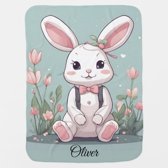 Baby Boy Custom Name Cute Bunny  Baby Blanket (Front)