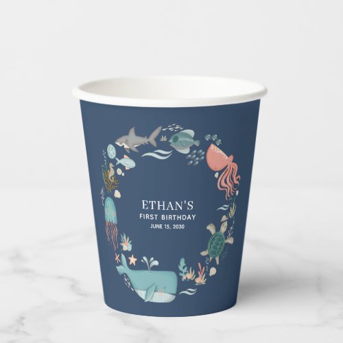 Baby Boy Cute 1st Blue Watercolor Under the Sea Paper Cups