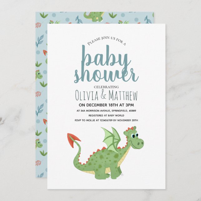 Baby Boy Cute and Modern Green Dragon Baby Shower Invitation (Front/Back)