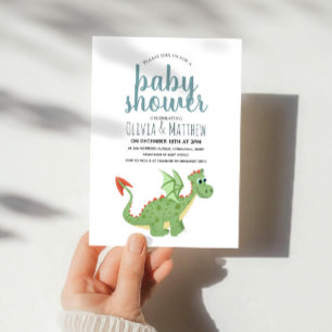 Baby Boy Cute and Modern Green Dragon Baby Shower Invitation