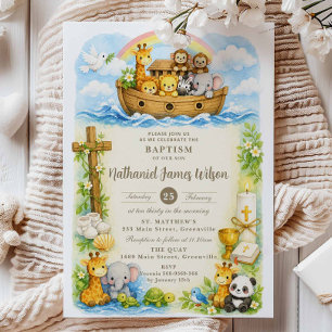 Baby Boy Cute Animals Noah's Ark Baptism  Invitation