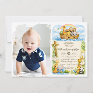 Baby Boy Cute Animals Noah's Ark Baptism Photo Invitation