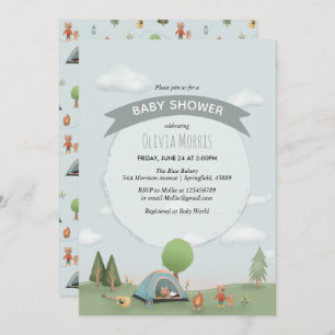 Baby Boy Cute Blue Camping Forest Bear Baby Shower Invitation