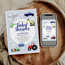 Baby Boy Cute Blue Car Train Transport Baby Shower Invitation