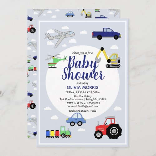 Baby Boy Cute Blue Car Train Transport Baby Shower Invitation