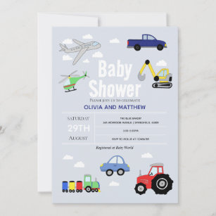Baby Boy Cute Blue Car Train Travel Baby Shower Invitation