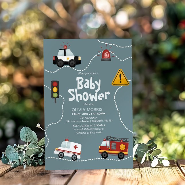 Baby Boy Cute Blue Transport Police Baby Shower Invitation (Creator Uploaded)