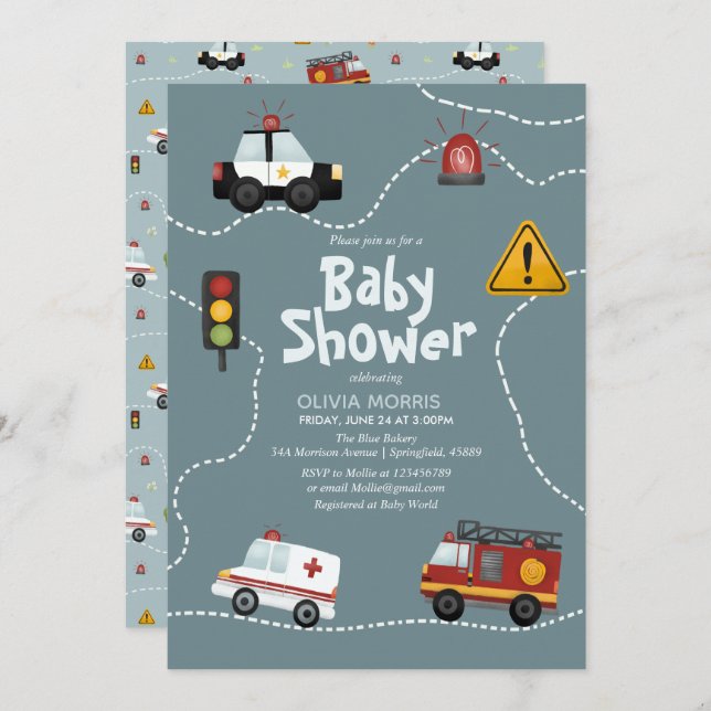 Baby Boy Cute Blue Transport Police Baby Shower Invitation (Front/Back)