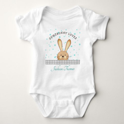 Baby Boy Cute Bunny Love TealGray Personalized Baby Bodysuit