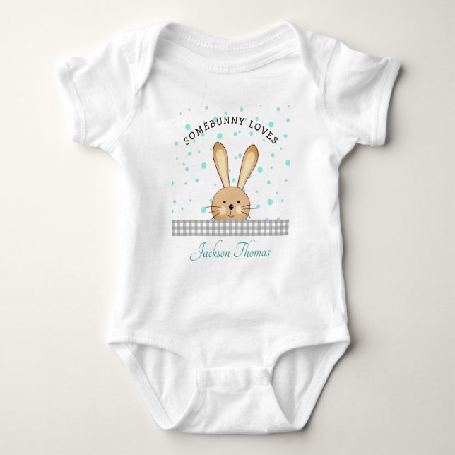Baby Boy Cute Bunny Love Teal/Gray Personalized Baby Bodysuit (Front)