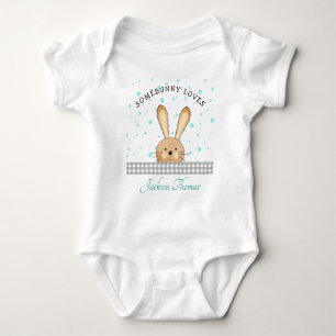 Baby Boy Cute Bunny Love Teal/Gray Personalized Bodysuit