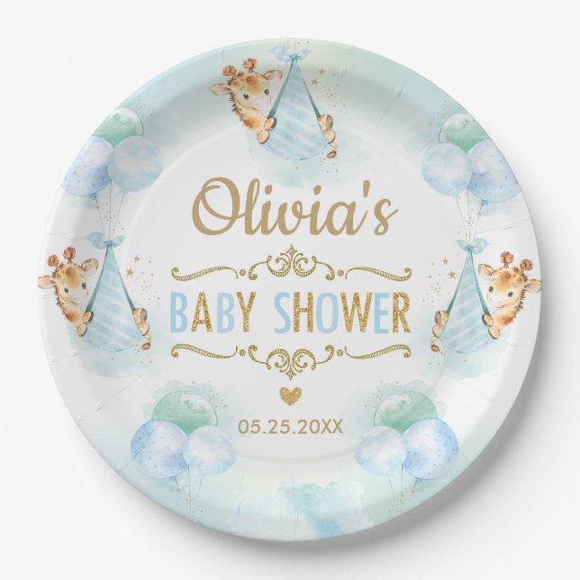 Baby Boy Cute Giraffe Balloons Baby Shower Paper Plates (Front)