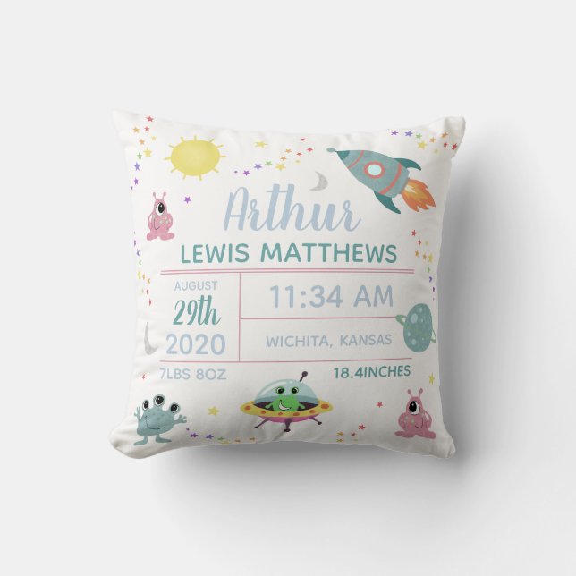 Baby Boy Cute Modern Space Alien Birth Stats  Throw Pillow (Front)