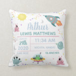 Baby Boy Cute Modern Space Alien Birth Stats  Throw Pillow<br><div class="desc">This cute and modern baby birth stats throw pillow features alien space cartoons, with rocket ships, aliens, suns, moons and stars, and can be personalized with your baby boy's full name, date of birth, place of birth, birth weight and birth height. The back features an adorable blue alien! The perfect...</div>