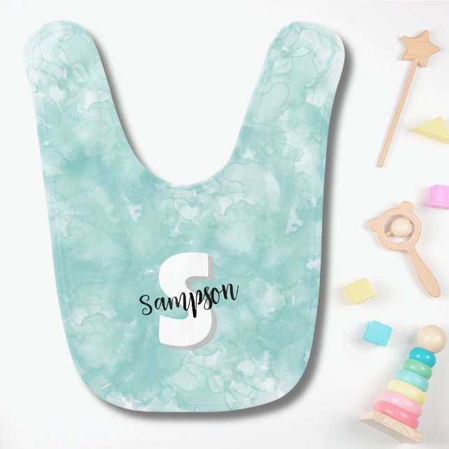Baby Boy Cute Modern Teal Watercolor Monogram Baby Bib (Cute Modern Watercolor Monogram Teal Blue baby bib)