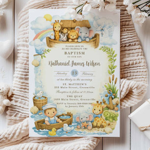Baby Boy Cute Noah's Ark Baptism Invitation 