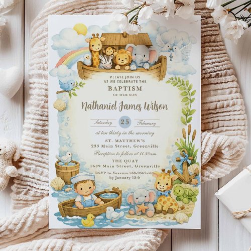 Baby Boy Cute Noah's Ark Baptism Invitation