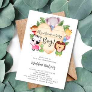 Baby Boy Cute Safari Animals Baby Shower Invitation