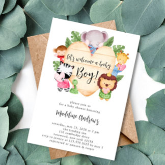 Baby Boy Cute Safari Animals Baby Shower Invitation