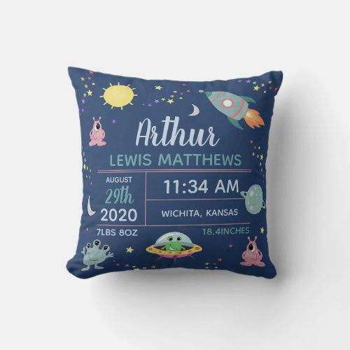 Baby Boy Cute Space Alien Birth Stats Name Throw Pillow