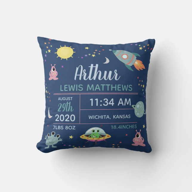 Baby Boy Cute Space Alien Birth Stats Name Throw Pillow (Front)