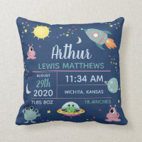 Baby Boy Cute Space Alien Birth Stats Name Throw Pillow