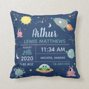Baby Boy Cute Space Alien Birth Stats Name Throw Pillow