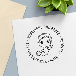 Baby Boy Daycare Childcare Round Address 2 Self-inking Stamp