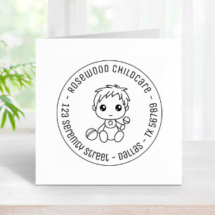 Baby Boy Daycare Childcare Round Address Rubber Stamp