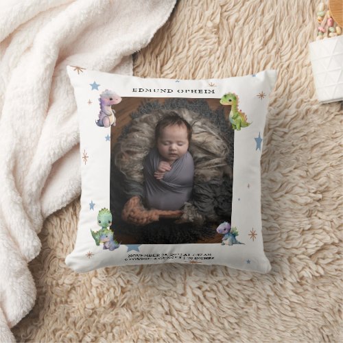 Baby Boy Dinosaur Birth Photo  Throw Pillow