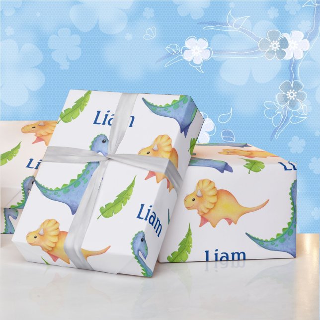 Baby Boy Dinosaur Nursery Cute Newborn Name Gift Wrapping Paper